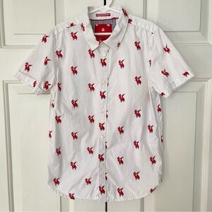 Size 9/10 boys Christmas santa dancing red white button up shirt